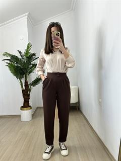 Emily Kahve Krep Kumaş Havuç Kesim Pantolon