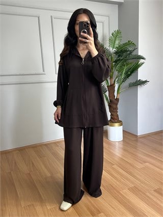 Esta Kahve Kapüşonlu Ceket Pantolon  Takım 