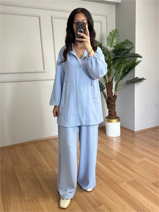 Esta Mavi Kapüşonlu Ceket Pantolon  Takım