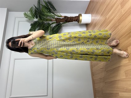 Ezgi Yağ Yeşili Etnik Desen Askılı Elbise