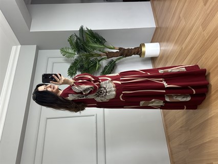 Flora Bordo Desenli Viskon Maxi Boy Elbise 