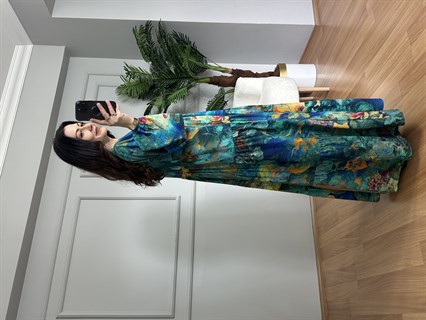 Flora Botanik Desen Viskon Maxi Boy Elbise