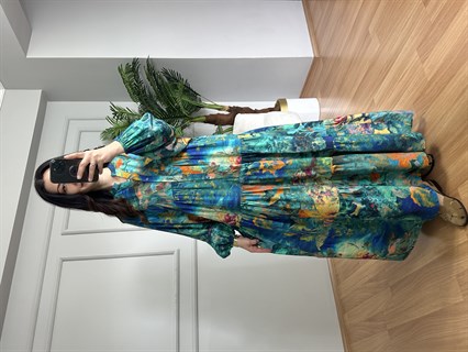 Flora Botanik Desen Viskon Maxi Boy Elbise