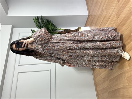 Flora Kahve Şal Desen Viskon Maxi Boy Elbise 