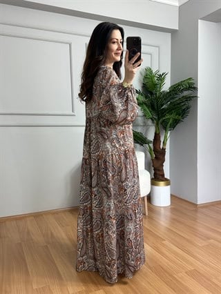 Flora Kahve Şal Desen Viskon Maxi Boy Elbise 