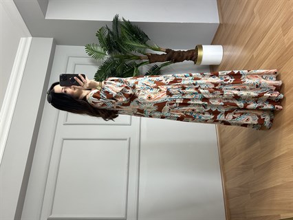 Flora Kahve Turkuaz Viskon Maxi Boy Elbise