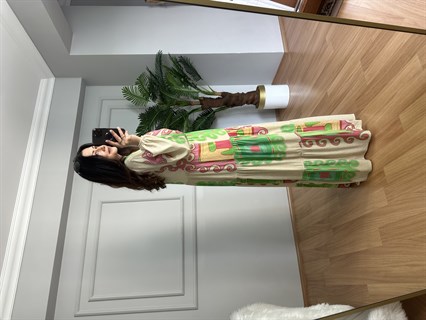 Flora Krem Yeşil Viskon Maxi Boy Elbise