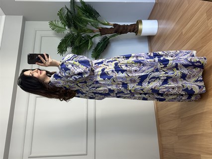 Flora Lacivert Etnik Desen Viskon Maxi Boy Elbise
