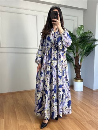 Flora Lacivert Etnik Desen Viskon Maxi Boy Elbise
