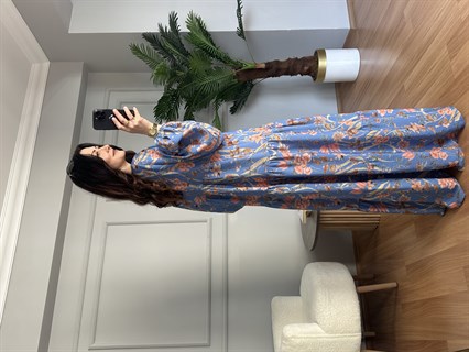 Flora Mavi Renkli Viskon Maxi Boy Elbise