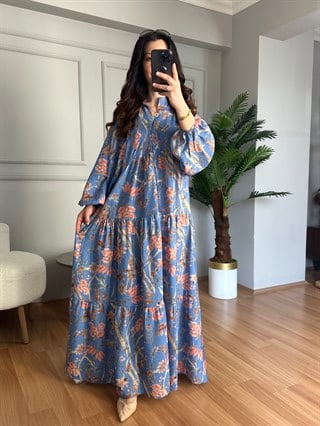 Flora Mavi Renkli Viskon Maxi Boy Elbise