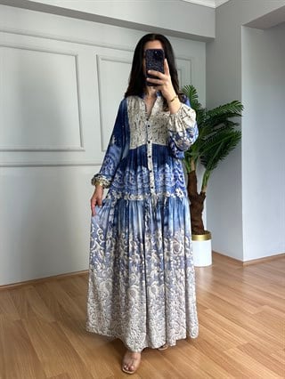 Flora Mavi-Vizon Viskon Maxi Boy Elbise