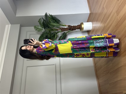 Flora Mor Sarı Viskon Maxi Boy Elbise