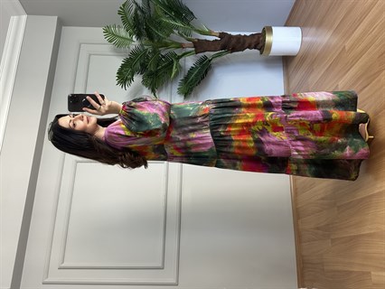 Flora Pembe Botanik Desen Viskon Maxi Boy Elbise 