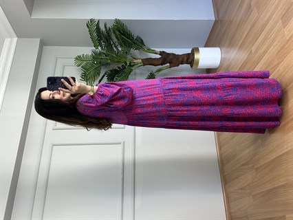 Flora Pembe-Mavi Viskon Maxi Boy Elbise 