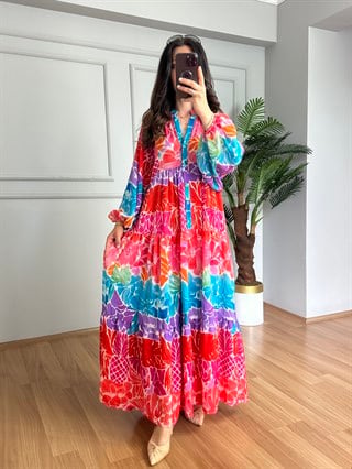 Flora Pembe Mor Viskon Maxi Boy Elbise