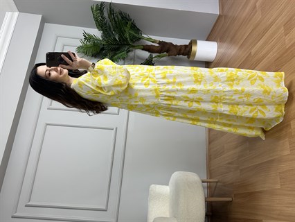 Flora Sarı Beyaz Çiçekli Viskon Maxi Boy Elbise