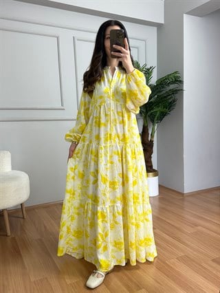 Flora Sarı Beyaz Çiçekli Viskon Maxi Boy Elbise