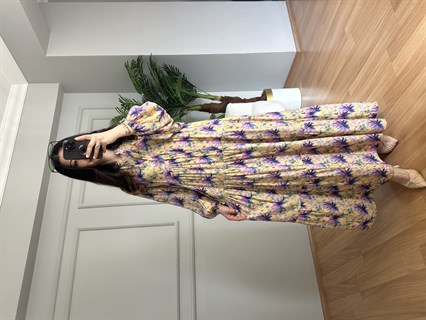 Flora Sarı Mor Çiçekli Viskon Maxi Boy Elbise