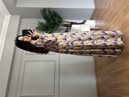 Flora Sarı Mor Çiçekli Viskon Maxi Boy Elbise