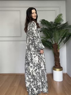 Flora Siyah Beyaz Desen Viskon Maxi Boy Elbise