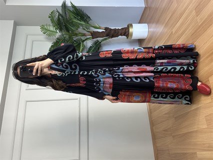 Flora Siyah Etnik Desen Viskon Maxi Boy Elbise