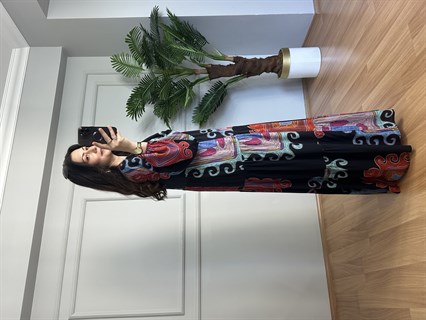 Flora Siyah Etnik Desen Viskon Maxi Boy Elbise