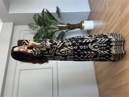 Flora Siyah-Vizon Viskon Maxi Boy Elbise