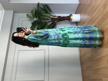 Flora Turkuaz Mavi Viskon Maxi Boy Elbise
