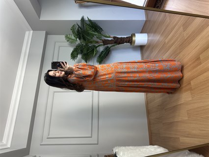 Flora Turuncu  Etnik Desen Viskon Maxi Boy Elbise