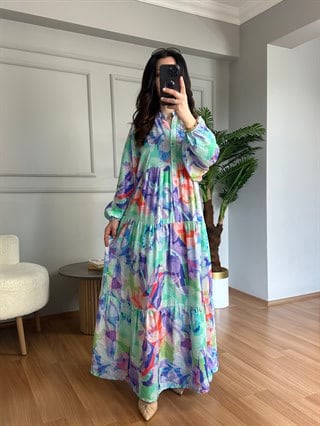 Flora Yeşil Renkli Viskon Maxi Boy Elbise