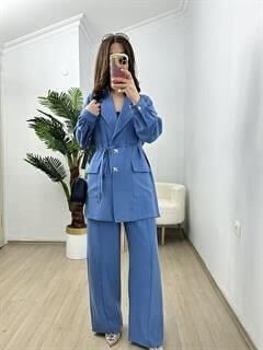 Fredy Mavi İthal Cupra Kumaş Premium Seri Düğme Detaylı Ceket  Pantolon Takım