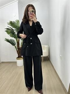 Fredy Siyah İthal Cupra Kumaş Premium Seri Düğme Detaylı Ceket  Pantolon Takım