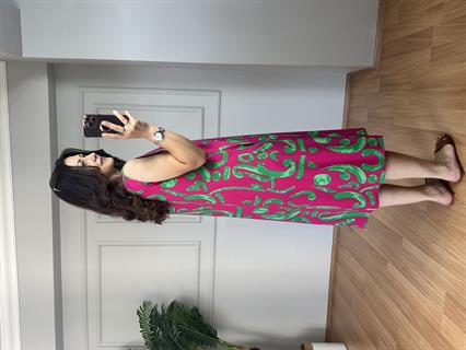 Garcia Pembe-Yeşil Midi Boy Kolsuz Elbise