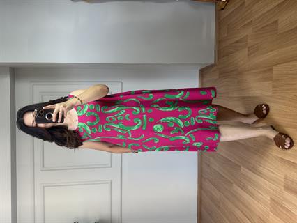 Garcia Pembe-Yeşil Midi Boy Kolsuz Elbise