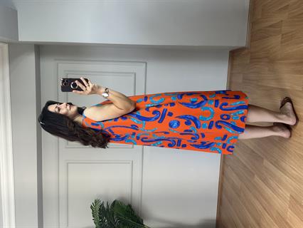 Garcia Turuncu-Turkuaz Midi Boy Kolsuz Elbise