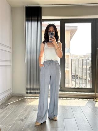 Gri Keten Önden Dikişli Bol Pantolon