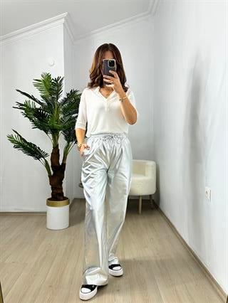 Gri Varaklı Bol Pantolon