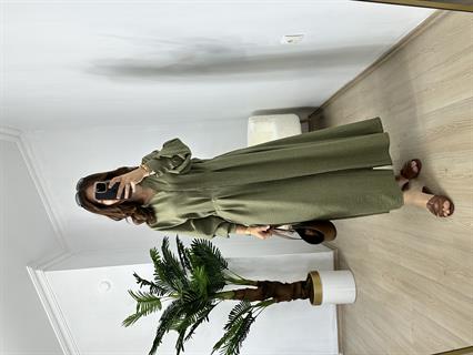 Haki Beli Pensli Uzun Kol Elbise