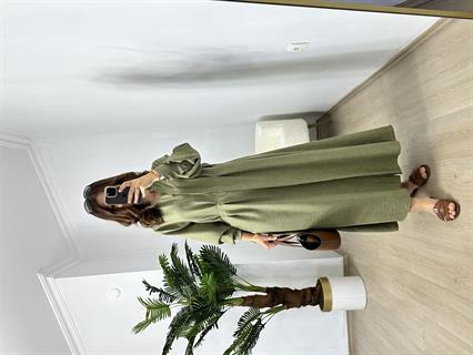 Haki Beli Pensli Uzun Kol Elbise