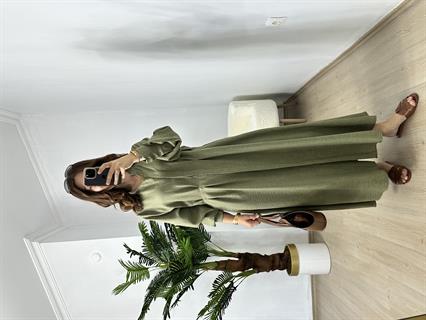 Haki Beli Pensli Uzun Kol Elbise