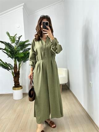 Haki Beli Pensli Uzun Kol Elbise