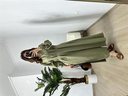 Haki Beli Pensli Uzun Kol Elbise