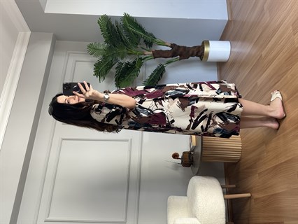 Helin Bordo Geometrik Desen Pamuk Viskon Midi Boy Elbise