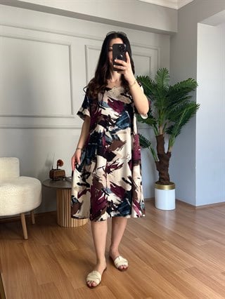 Helin Bordo Geometrik Desen Pamuk Viskon Midi Boy Elbise