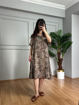 Helin Kahve Geçişli Desen Pamuk Viskon Midi Boy Elbise