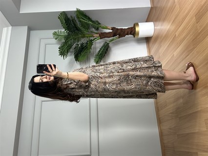 Helin Kahve Geçişli Desen Pamuk Viskon Midi Boy Elbise