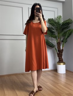 Helin Kiremit Tek Renk Desen Pamuk Viskon Midi Boy Elbise