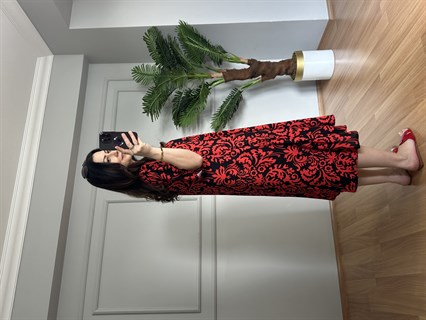 Helin Kırmızı Etnik Desen Pamuk Viskon Midi Boy Elbise 