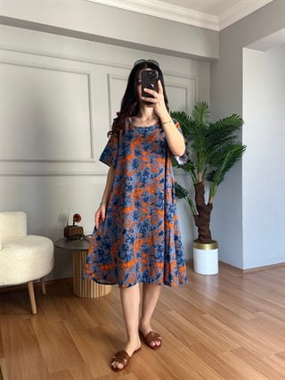 Helin Lacivert Ebruli Desen Pamuk Viskon Midi Boy Elbise